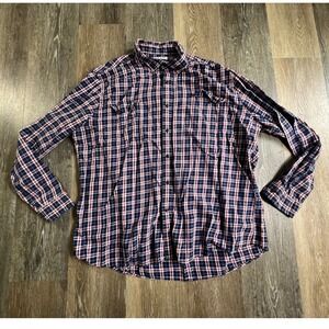 Amazon Essentials Button Down Shirt Mens XXL Blue Red Plaid Long Sleeve 4568